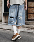 Distressed Baggy Jorts with Adjustable Waist Tabs | Flation Streetwear