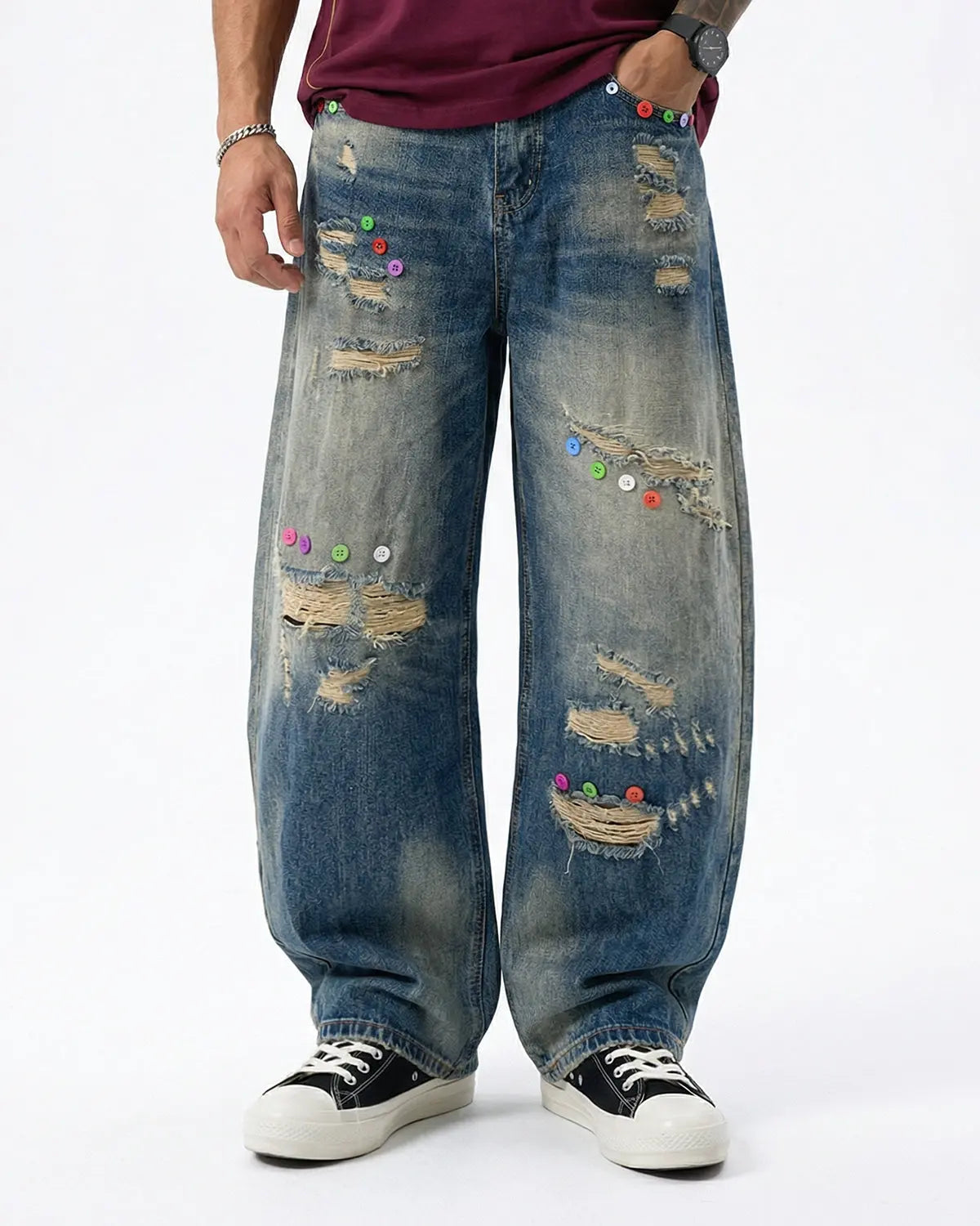 Distressed Button Barrel Jeans | Flation Streetwear