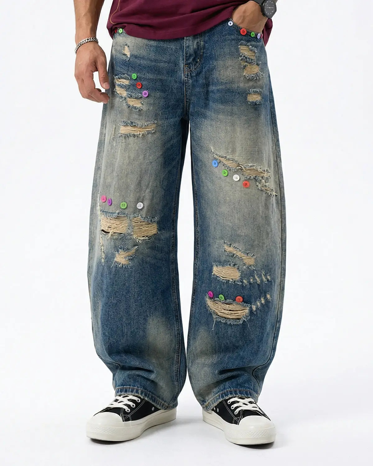 Distressed Button Barrel Jeans | Flation Streetwear