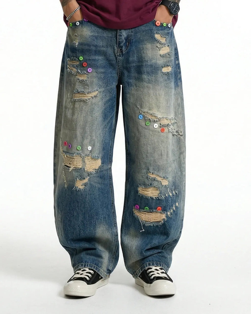Distressed Button Barrel Jeans | Flation Streetwear