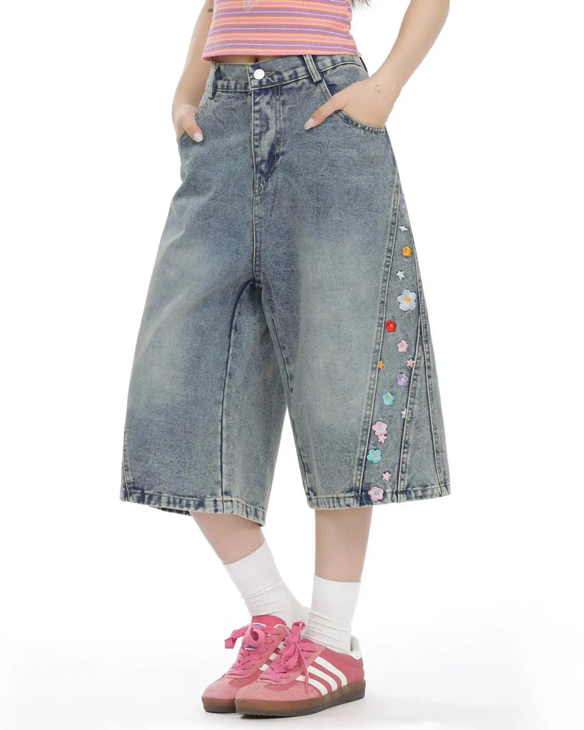 Floral Embroidered Long Baggy Jorts | Flation Streetwear