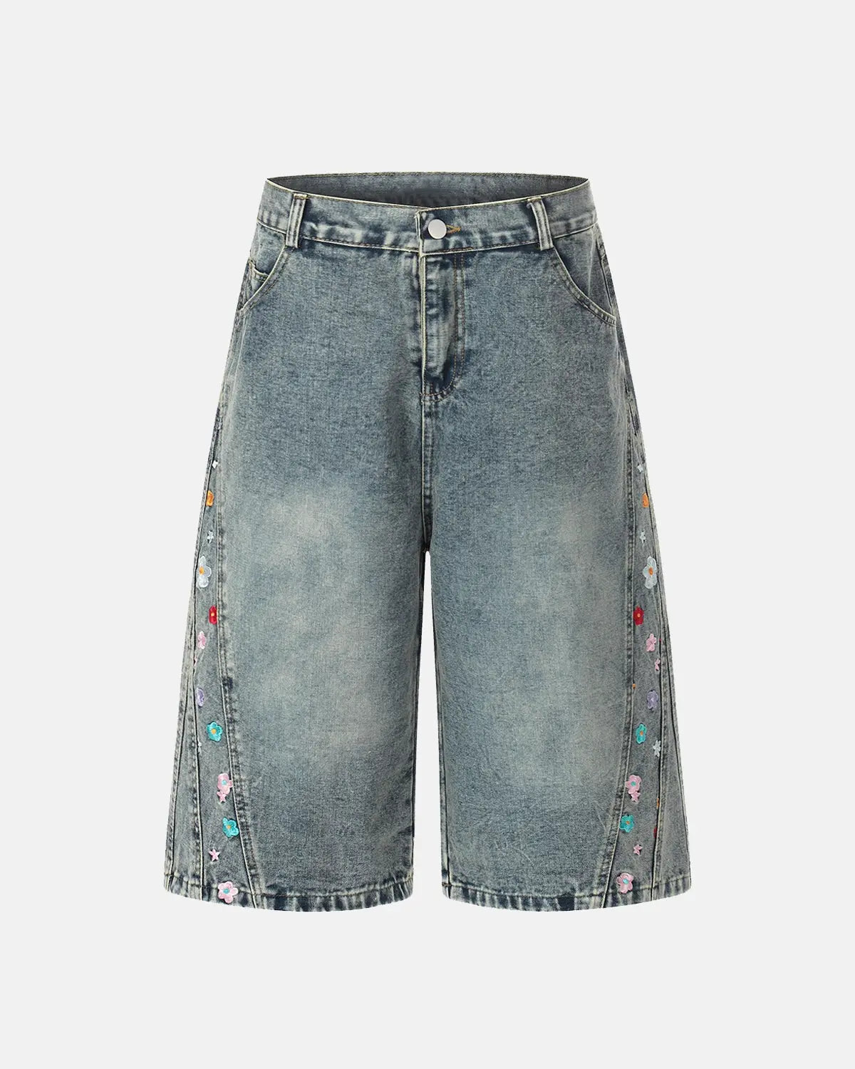 Floral Embroidered Long Baggy Jorts | Flation Streetwear