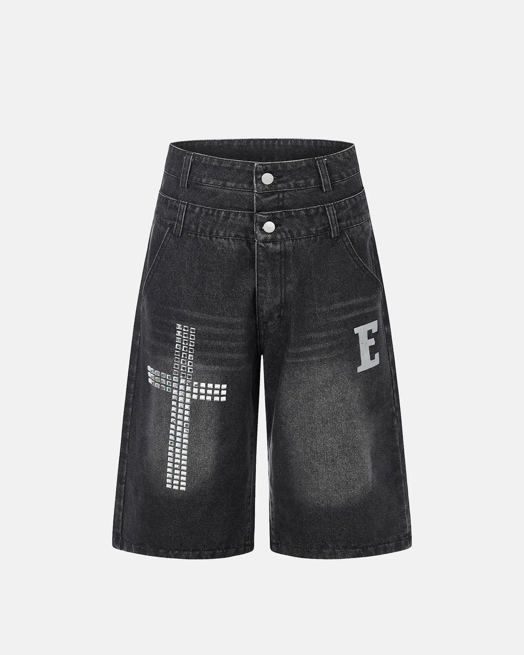 Rhinestone Cross Double Waist Denim Jorts | Flation Streetwear