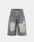 Rhinestone Cross Double Waist Denim Jorts | Flation Streetwear