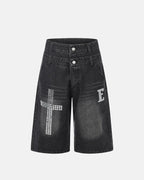 Rhinestone Cross Double Waist Denim Jorts | Flation Streetwear