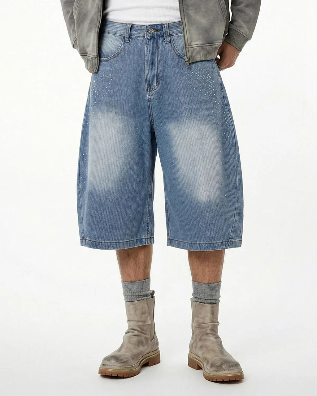 Star Rhinestone Longline Denim Shorts | Flation Streetwear