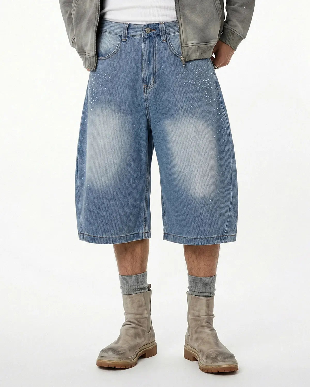 Star Rhinestone Longline Denim Shorts | Flation Streetwear