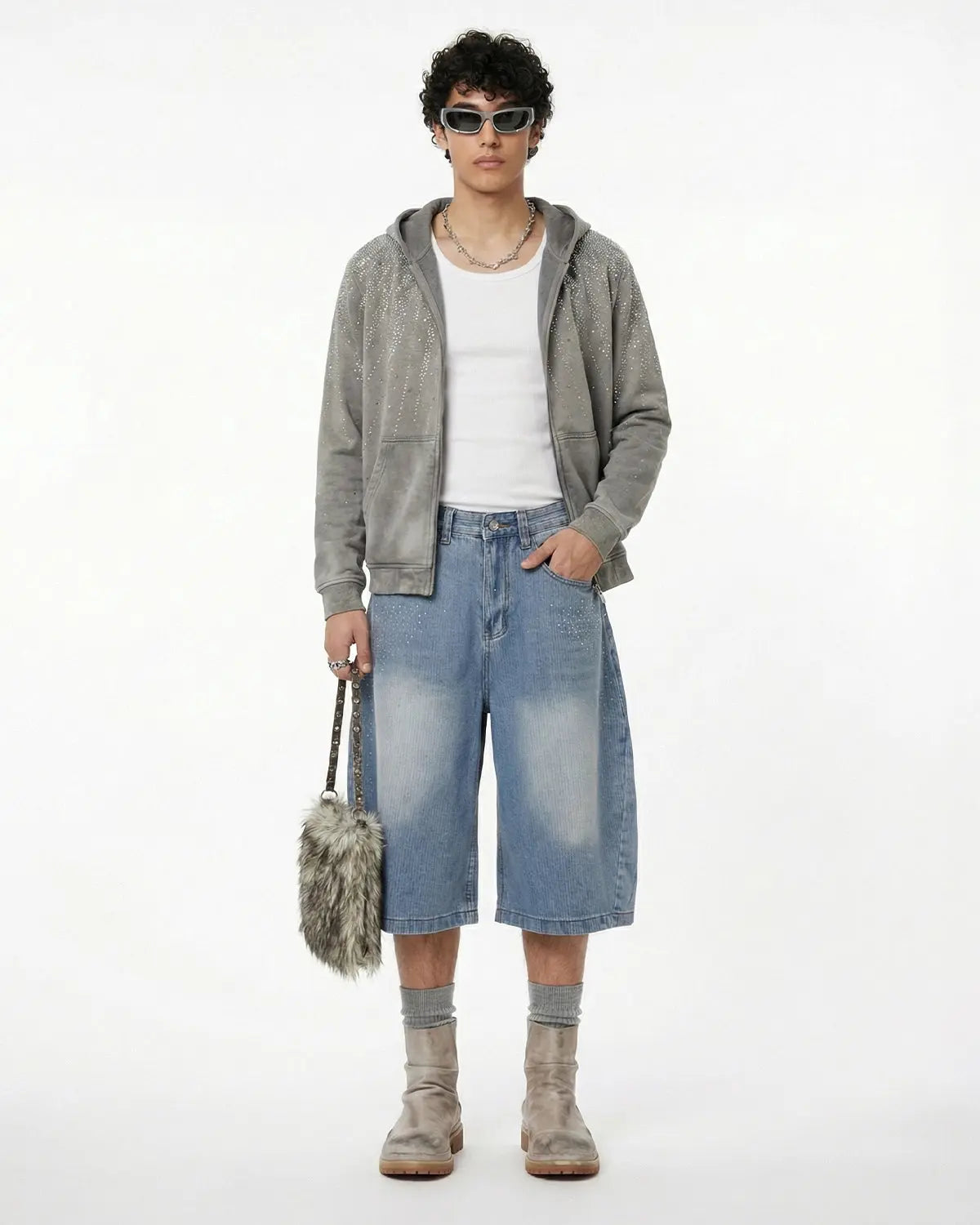 Star Rhinestone Longline Denim Shorts | Flation Streetwear