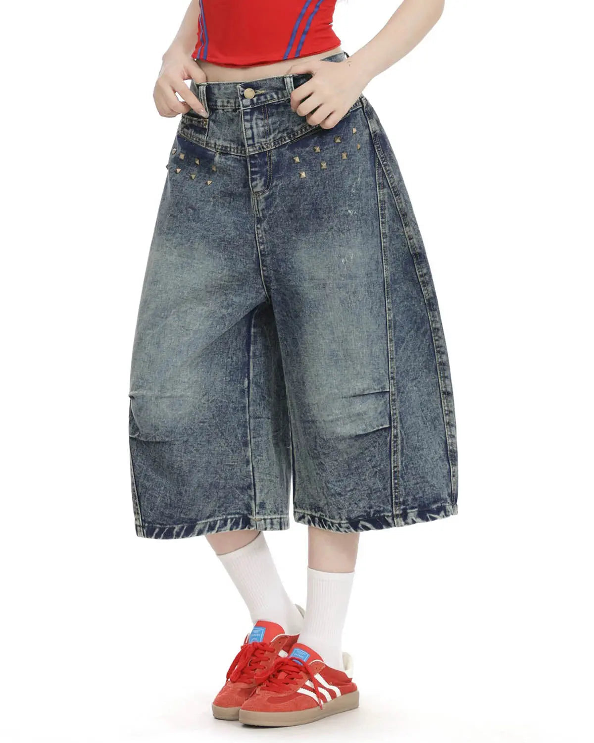 Studded Washed Long Baggy Jorts | Flation Streetwear