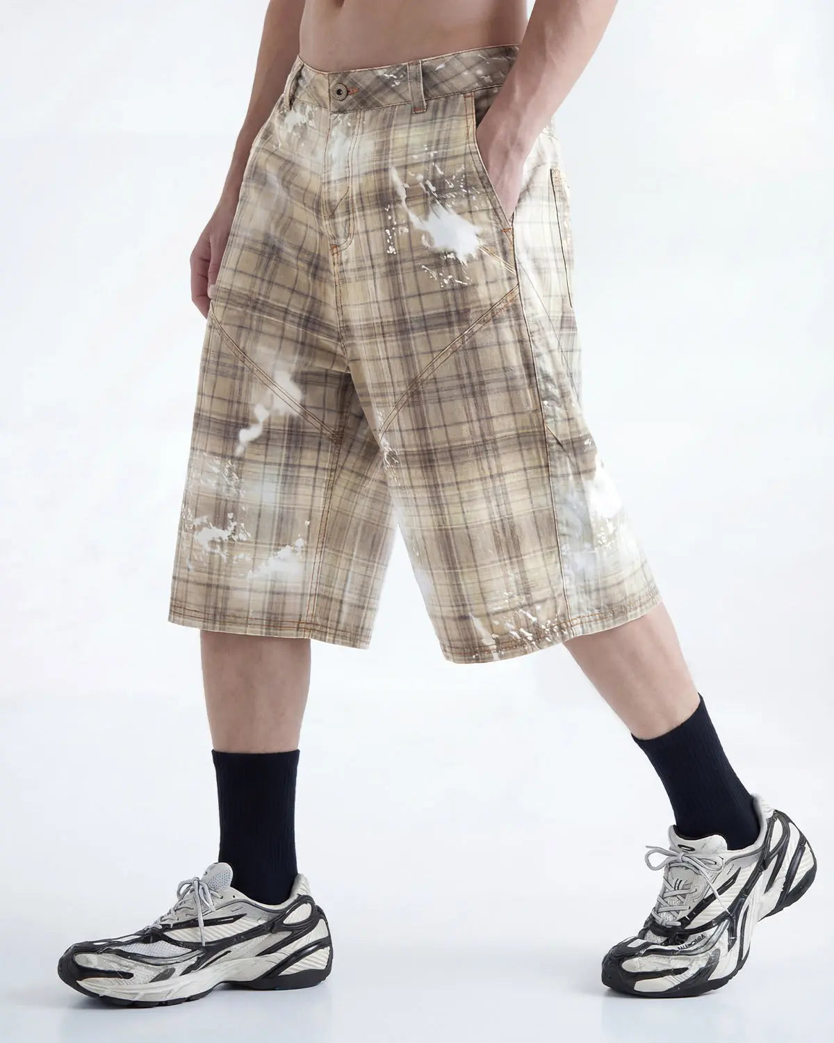 Tencel Washed Plaid Print Longline Shorts | Flation Streetwear