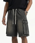 Washed Denim Cargo Shorts with Drawstring | Flation Streetwear