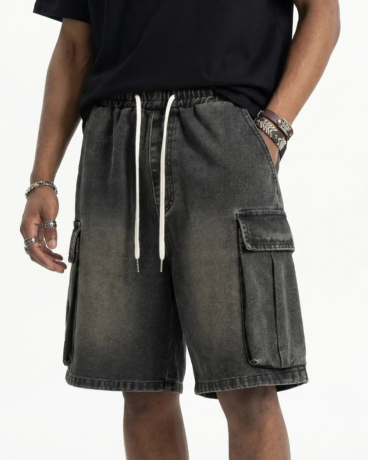 Washed Denim Cargo Shorts with Drawstring | Flation Streetwear