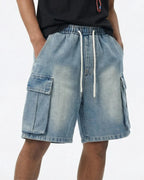 Washed Denim Cargo Shorts with Drawstring | Flation Streetwear