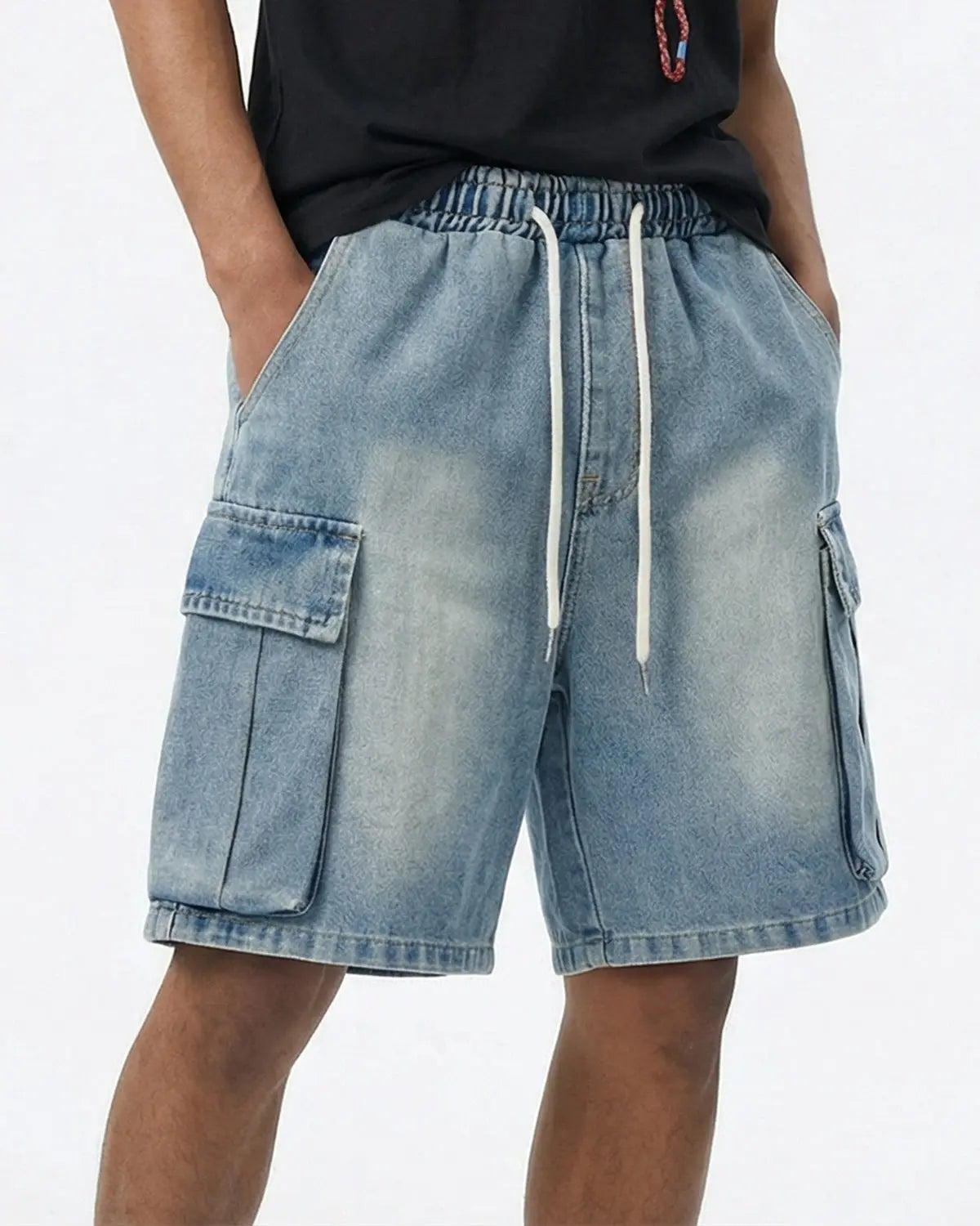 Washed Denim Cargo Shorts with Drawstring | Flation Streetwear
