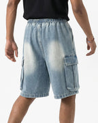 Washed Denim Cargo Shorts with Drawstring | Flation Streetwear