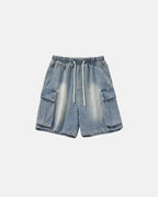 Washed Denim Cargo Shorts with Drawstring | Flation Streetwear