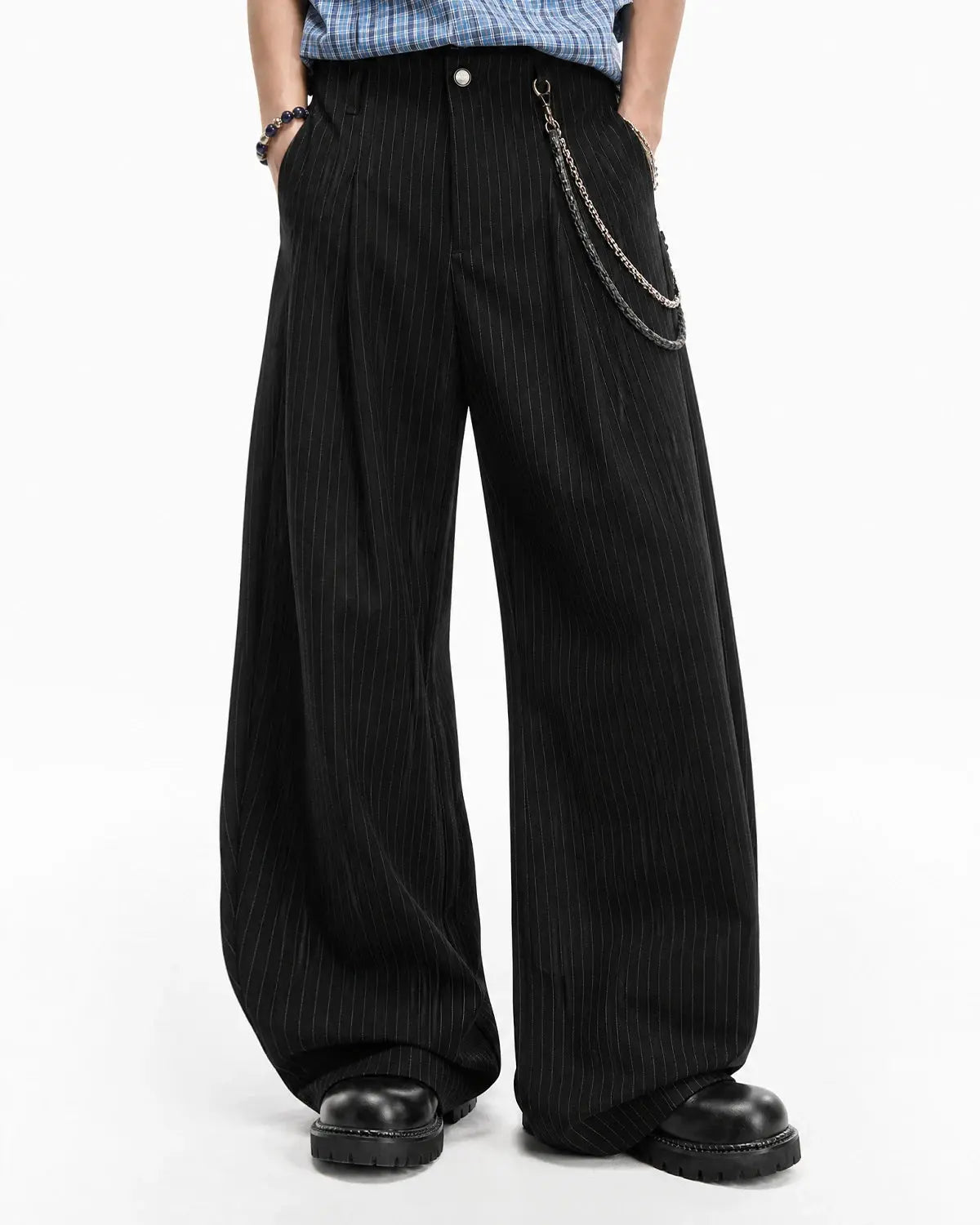 Pinstripe Pleated Barrel Tailored Pants | Flation Streetwear