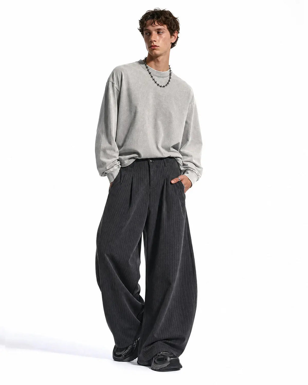 Pinstripe Pleated Barrel Tailored Pants | Flation Streetwear