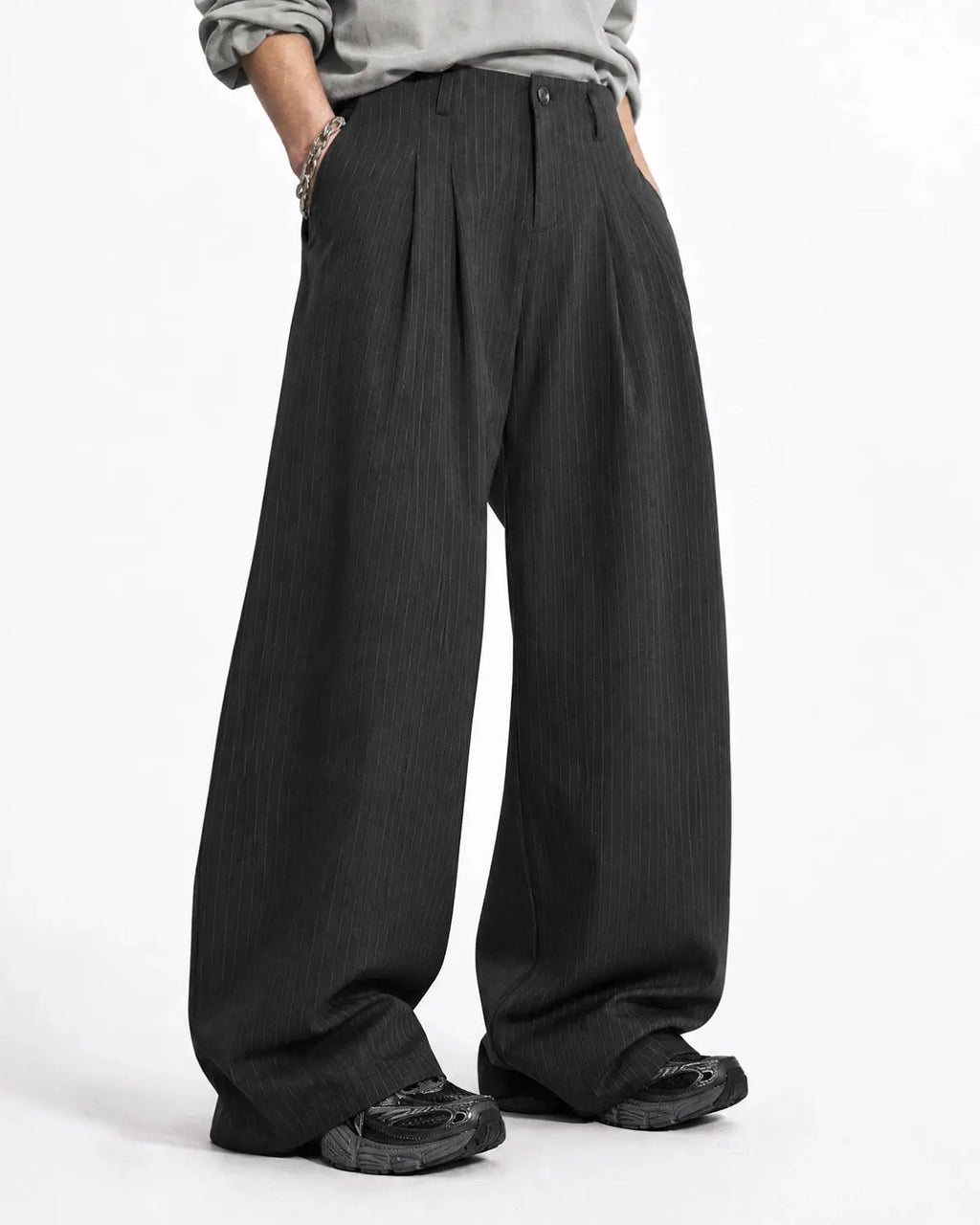 Pinstripe Pleated Barrel Tailored Pants | Flation Streetwear