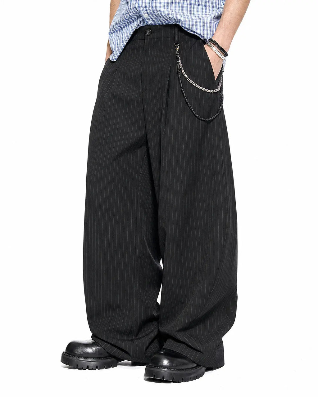 Pinstripe Pleated Barrel Tailored Pants | Flation Streetwear
