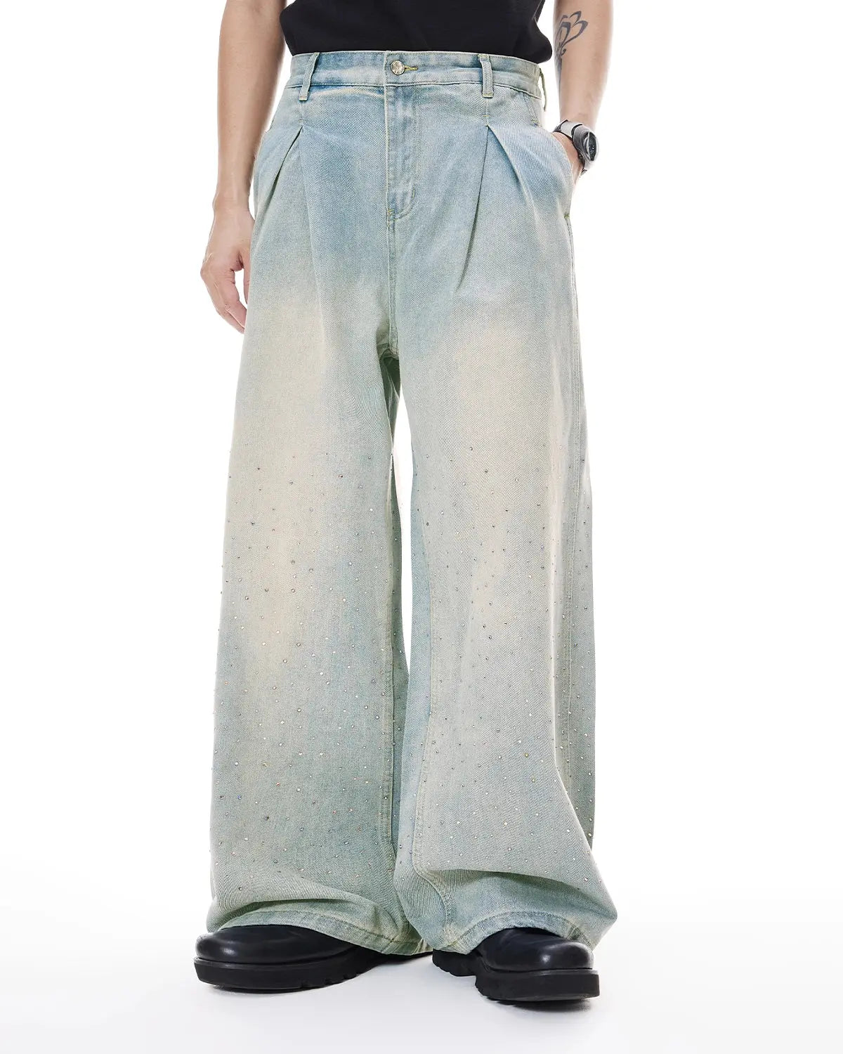 Washed Rhinestone Baggy Jeans | Flation Streetwear
