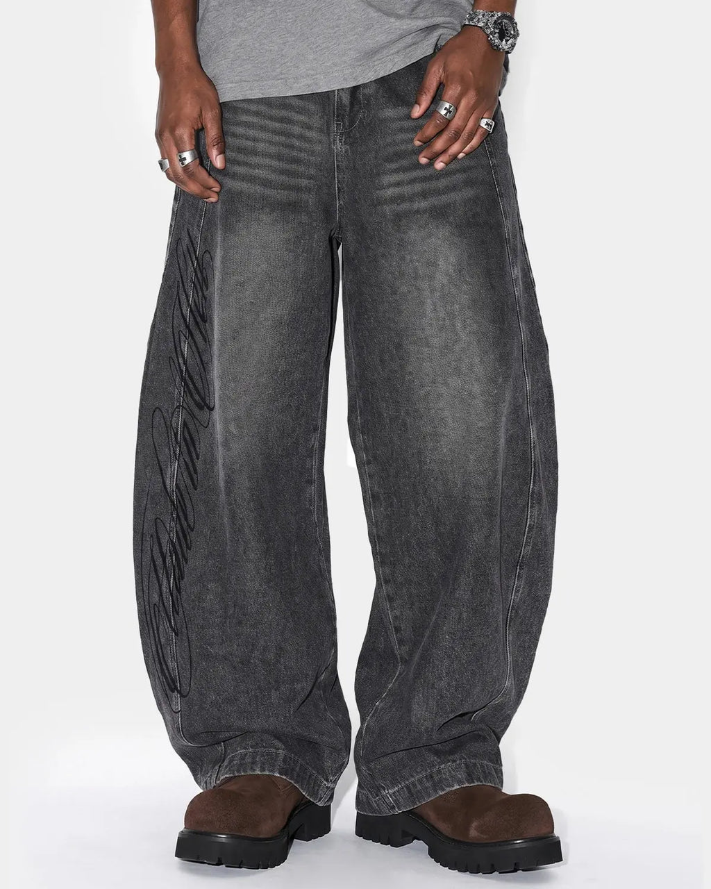 Script Graphic Washed Barrel Jeans | Flation Streetwear