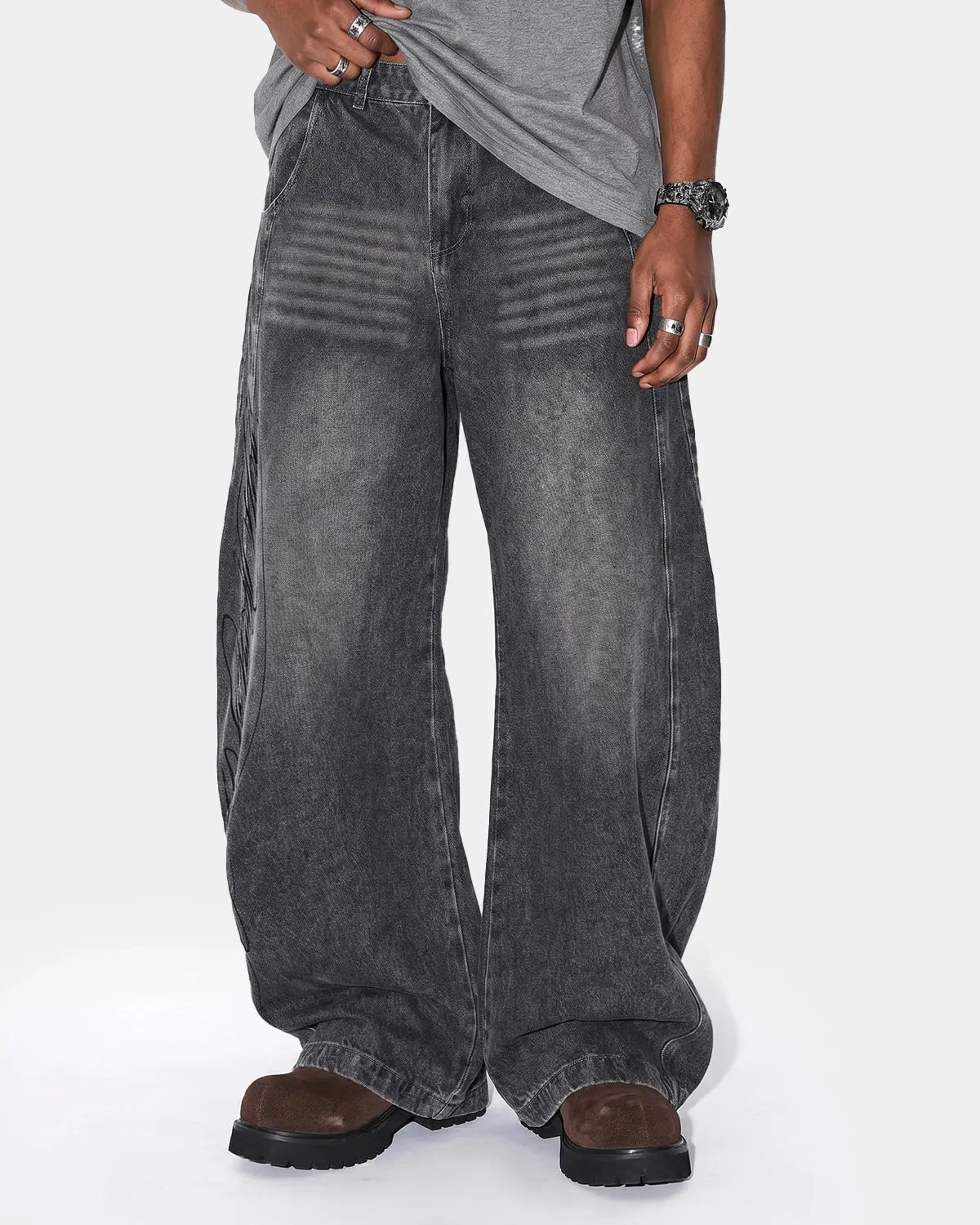 Script Graphic Washed Barrel Jeans | Flation Streetwear