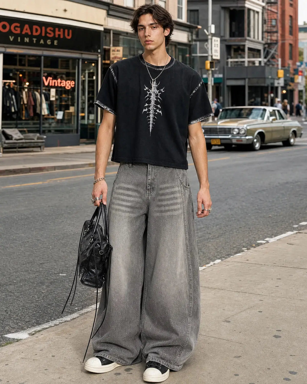 Rhinestone Washed Barrel Jeans| Flation Streetwear