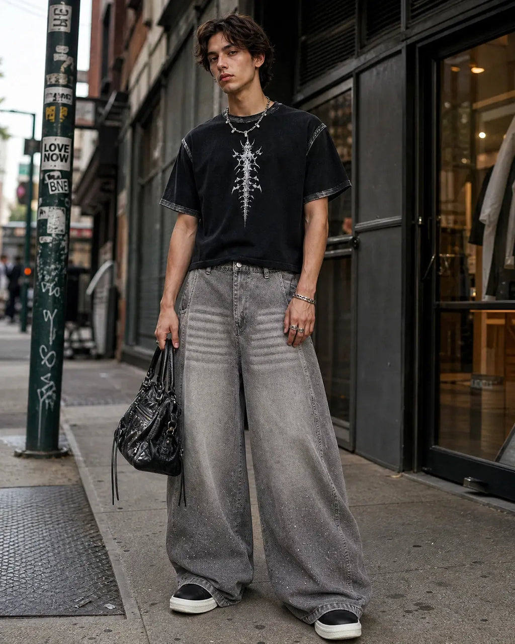 Rhinestone Washed Barrel Jeans| Flation Streetwear