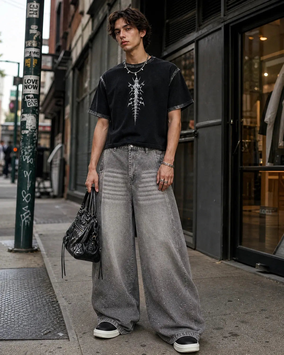 Rhinestone Washed Barrel Jeans| Flation Streetwear