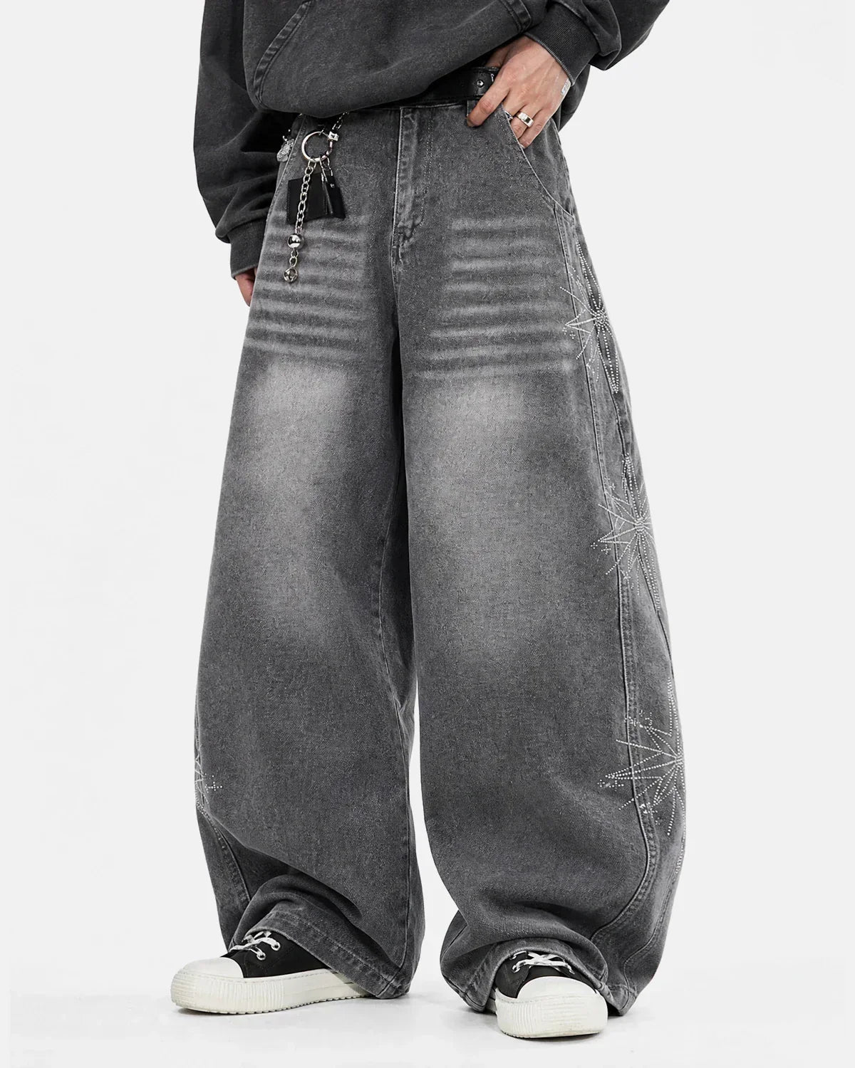 Star Graphic Rhinestone Barrel Baggy Jeans | Flation Streetewear