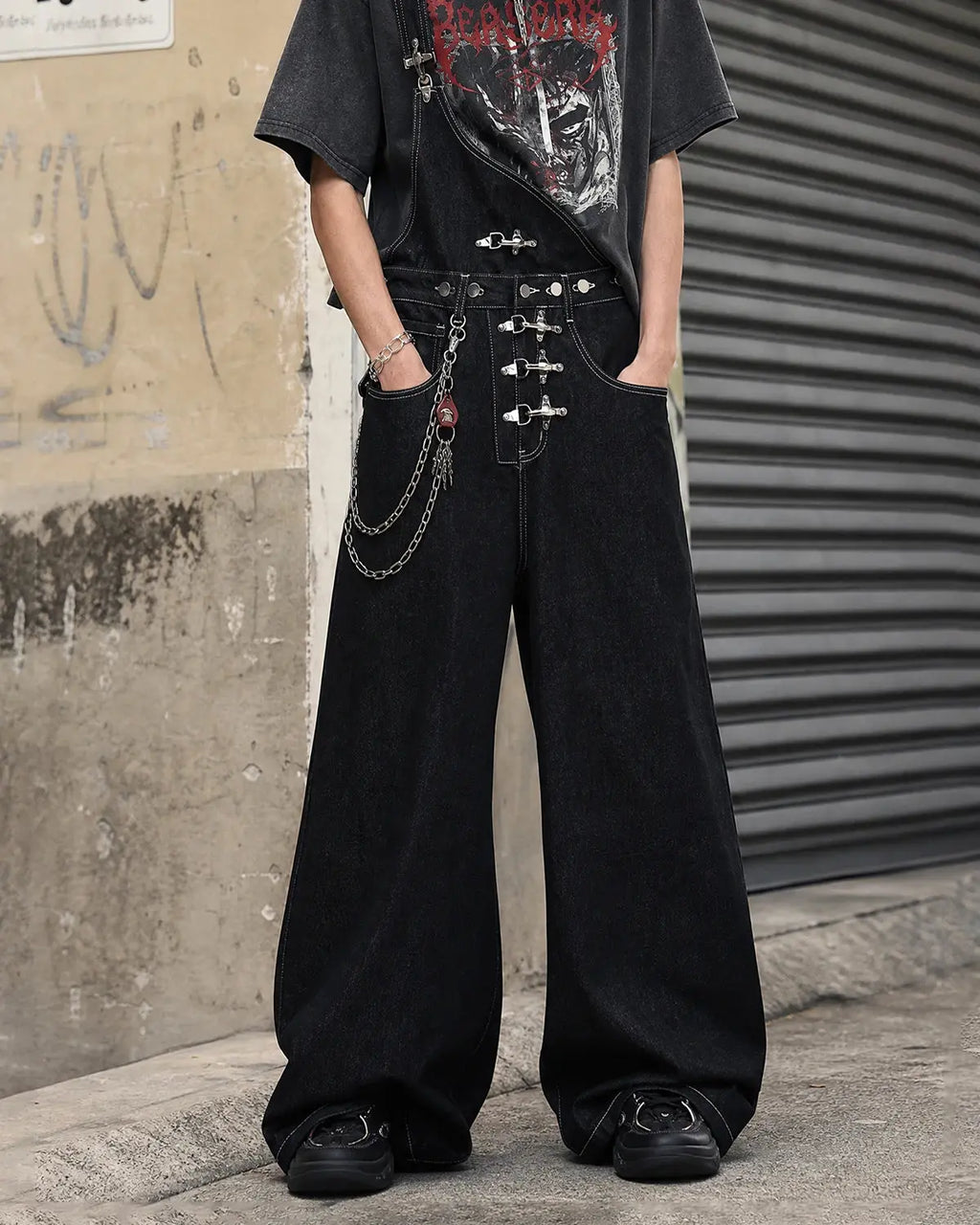 Asymmetric Buckle Denim Overalls Jeans | Flation Streetwear