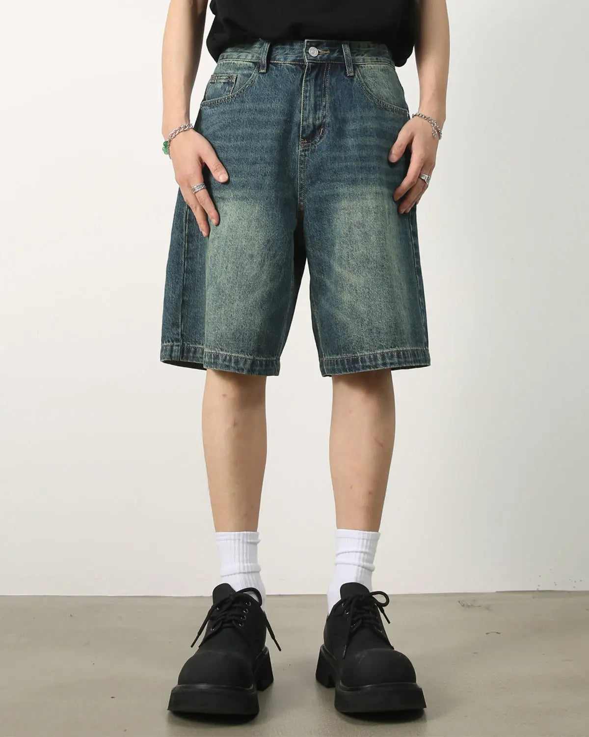 Washed Knee-Length Denim Jorts | Flation Streetwear