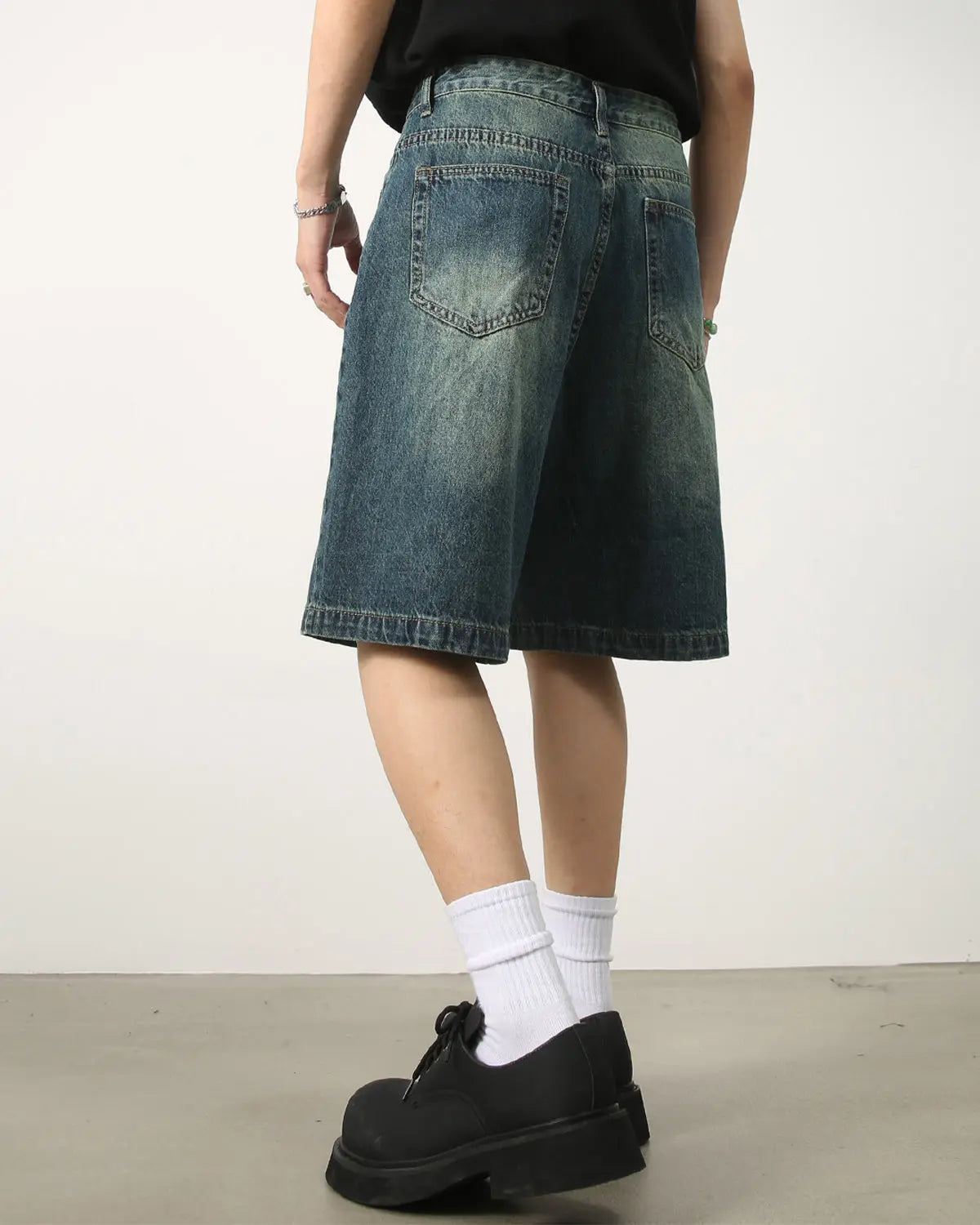 Washed Knee-Length Denim Jorts | Flation Streetwear