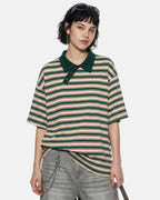 Asymmetric Polo Collar Striped T-Shirt | Flation Streetwear