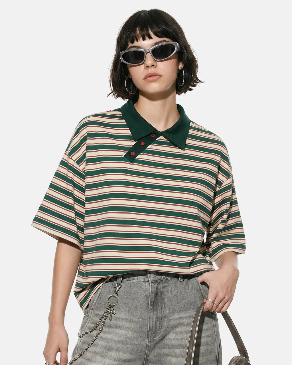 Asymmetric Polo Collar Striped T-Shirt | Flation Streetwear
