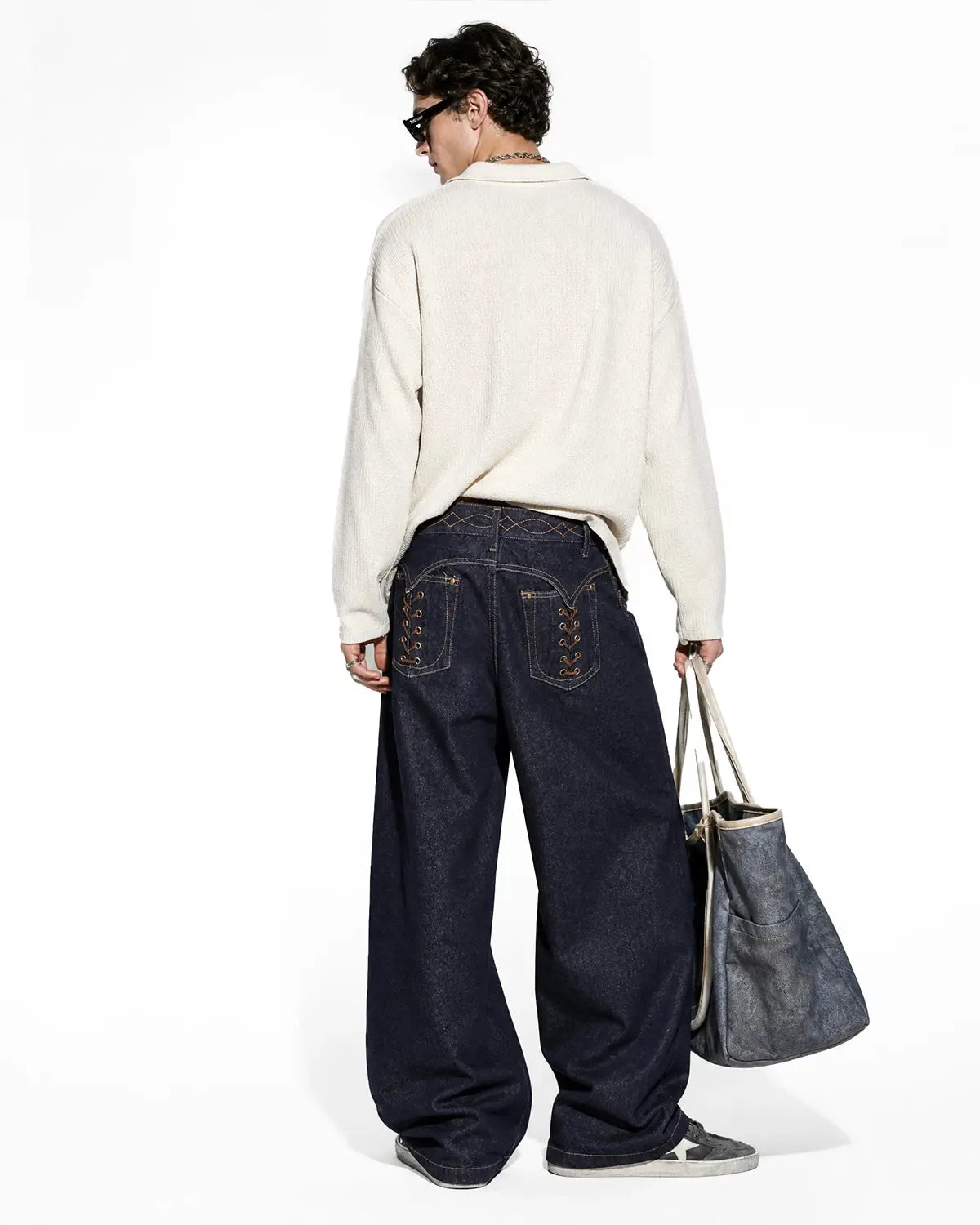 Side Lace-Up Raw Baggy Jeans | Flation Streetwear