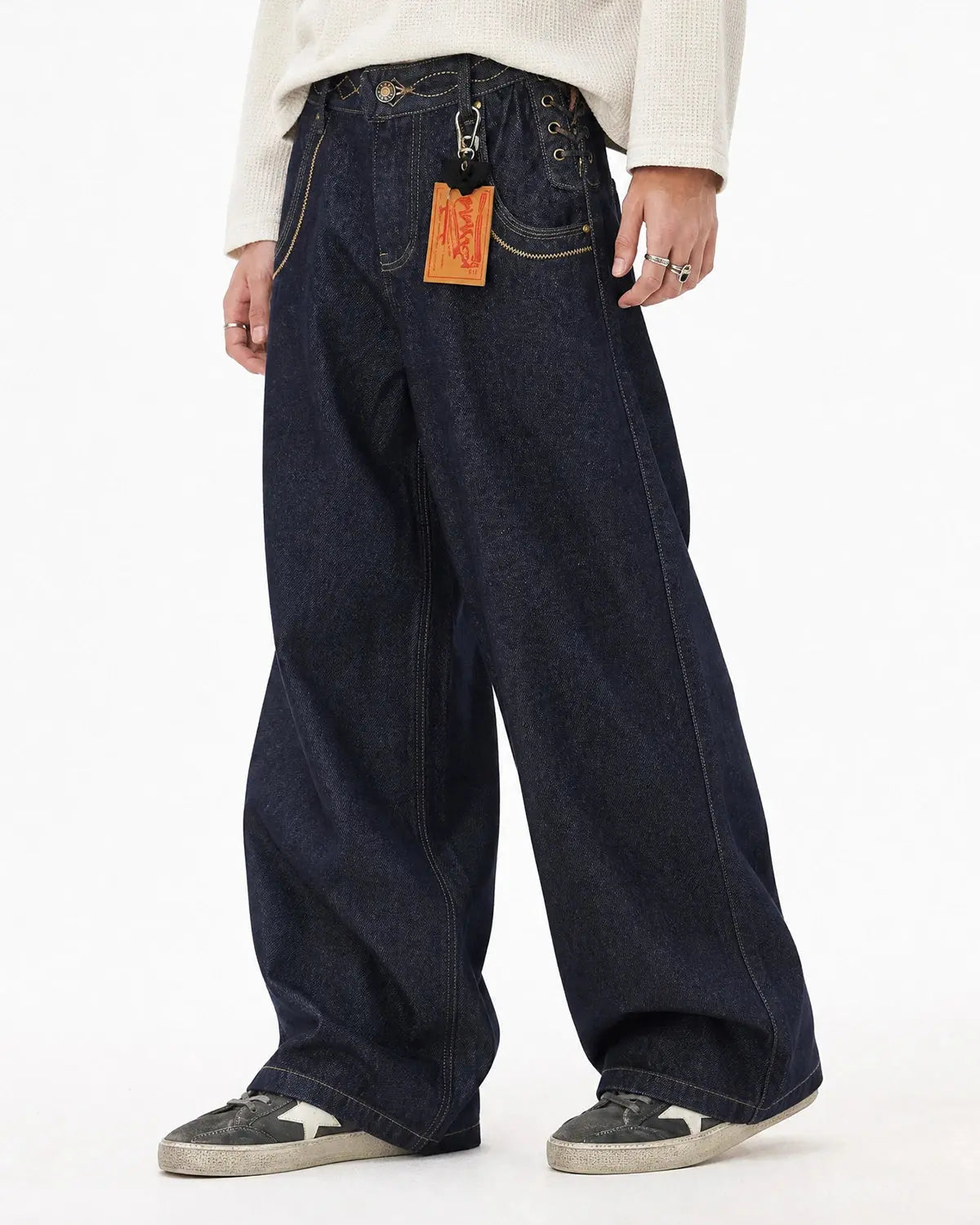 Side Lace-Up Raw Baggy Jeans | Flation Streetwear