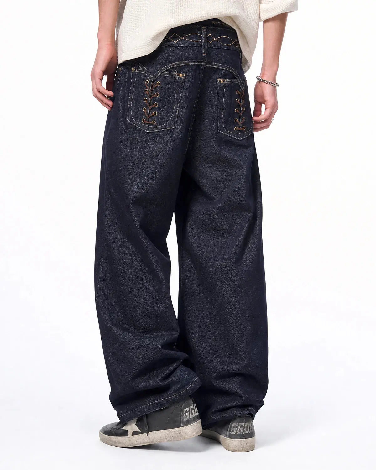 Side Lace-Up Raw Baggy Jeans | Flation Streetwear