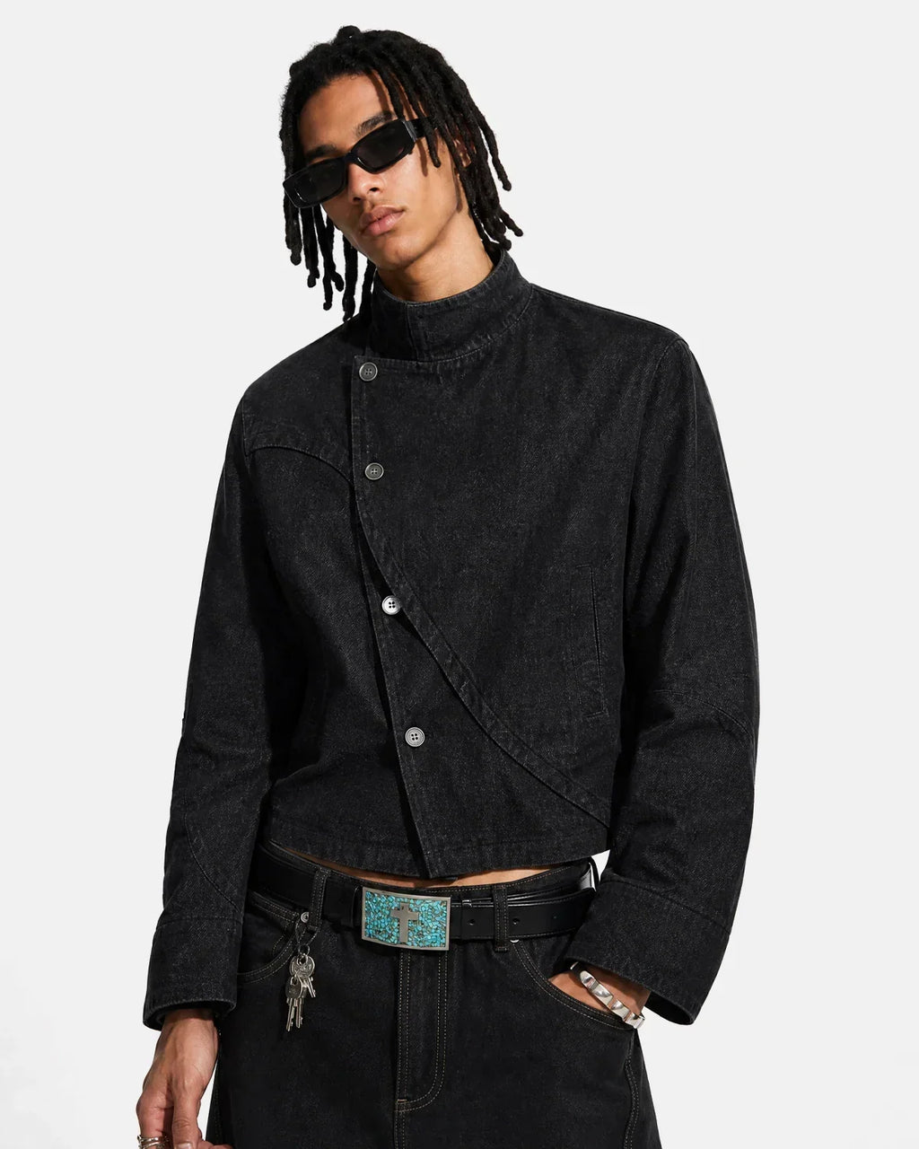 Cropped Asymmetric Button Denim Jacket | Flation Streetwear
