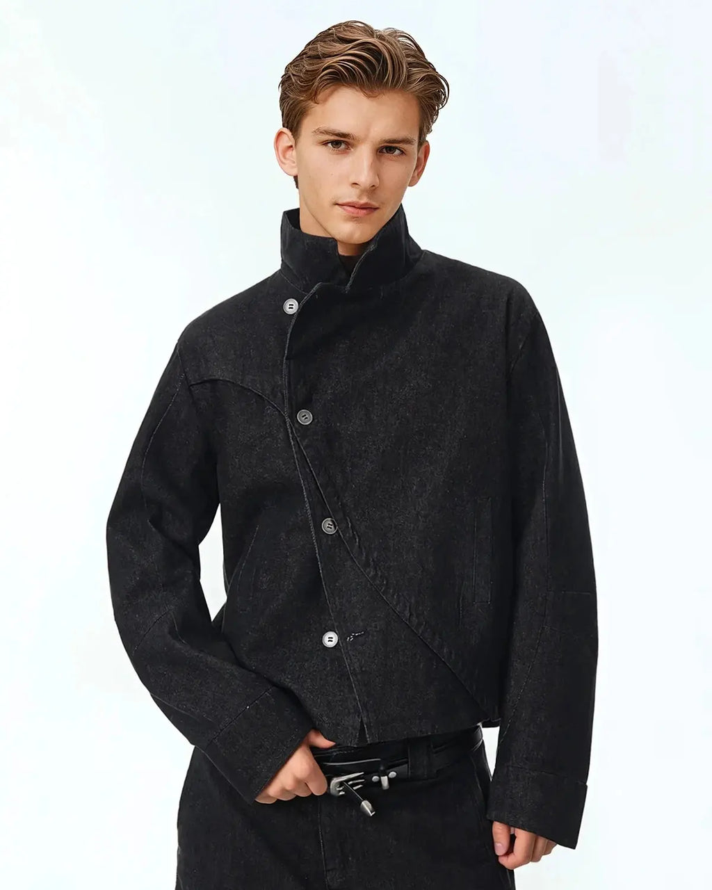 Cropped Asymmetric Button Denim Jacket | Flation Streetwear