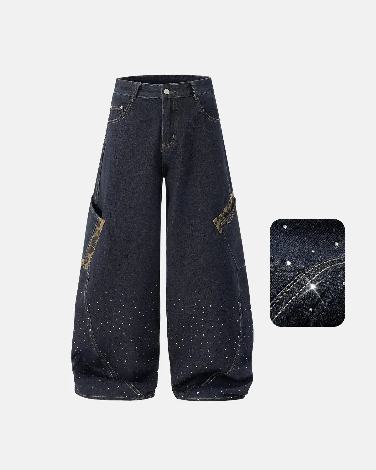Leopard Patch Rhinestone Barrel Jeans | Flation Streetwear
