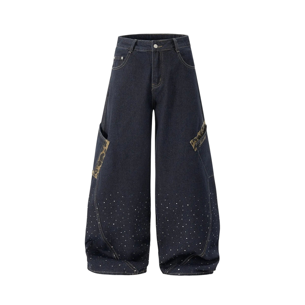 Leopard Patch Rhinestone Barrel Jeans | Flation Streetwear