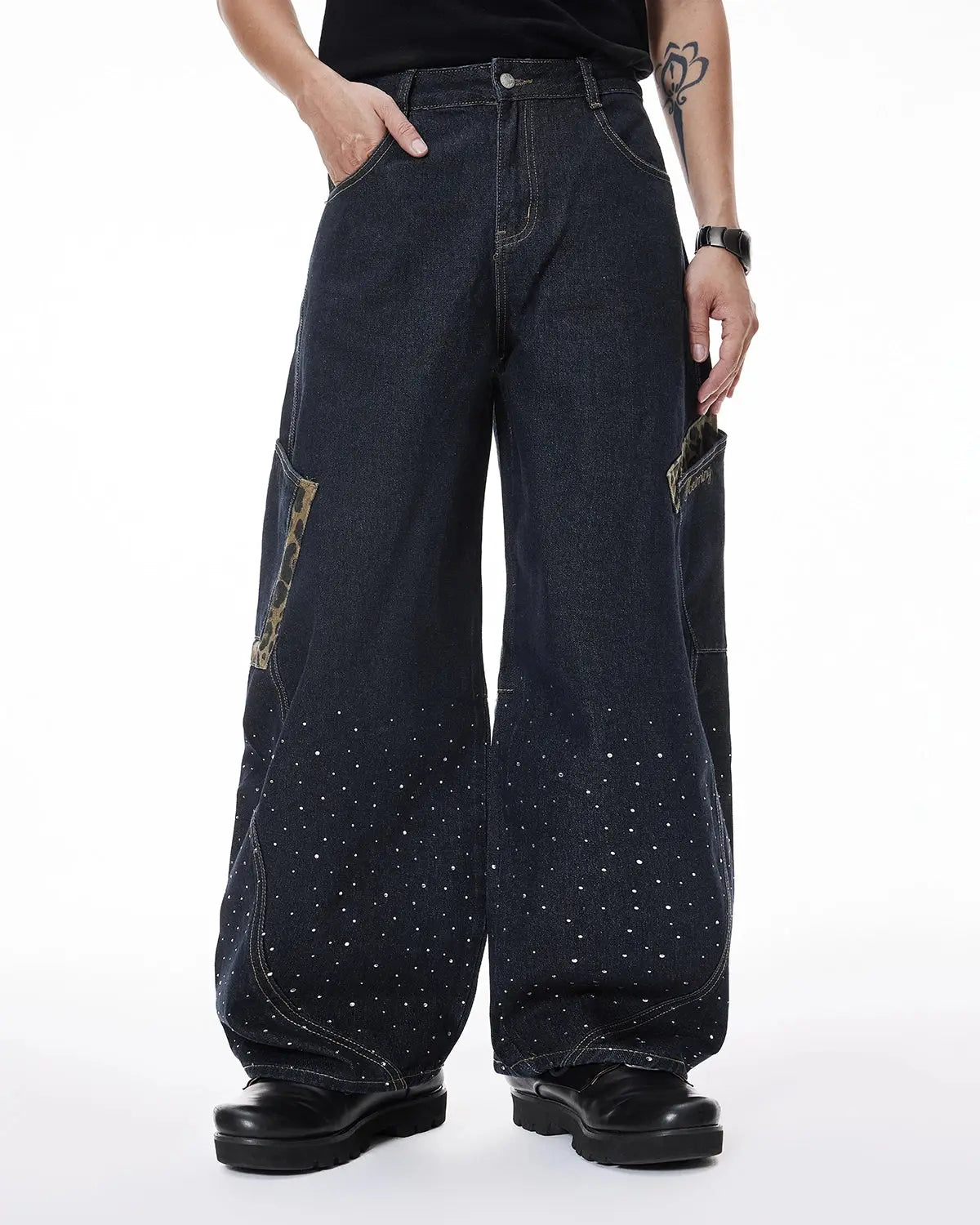 Leopard Patch Rhinestone Barrel Jeans | Flation Streetwear