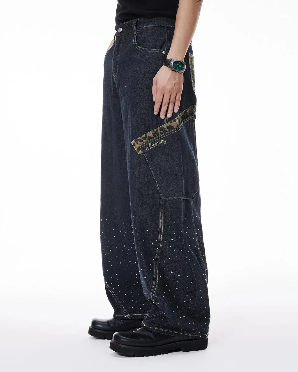 Leopard Patch Rhinestone Barrel Jeans | Flation Streetwear