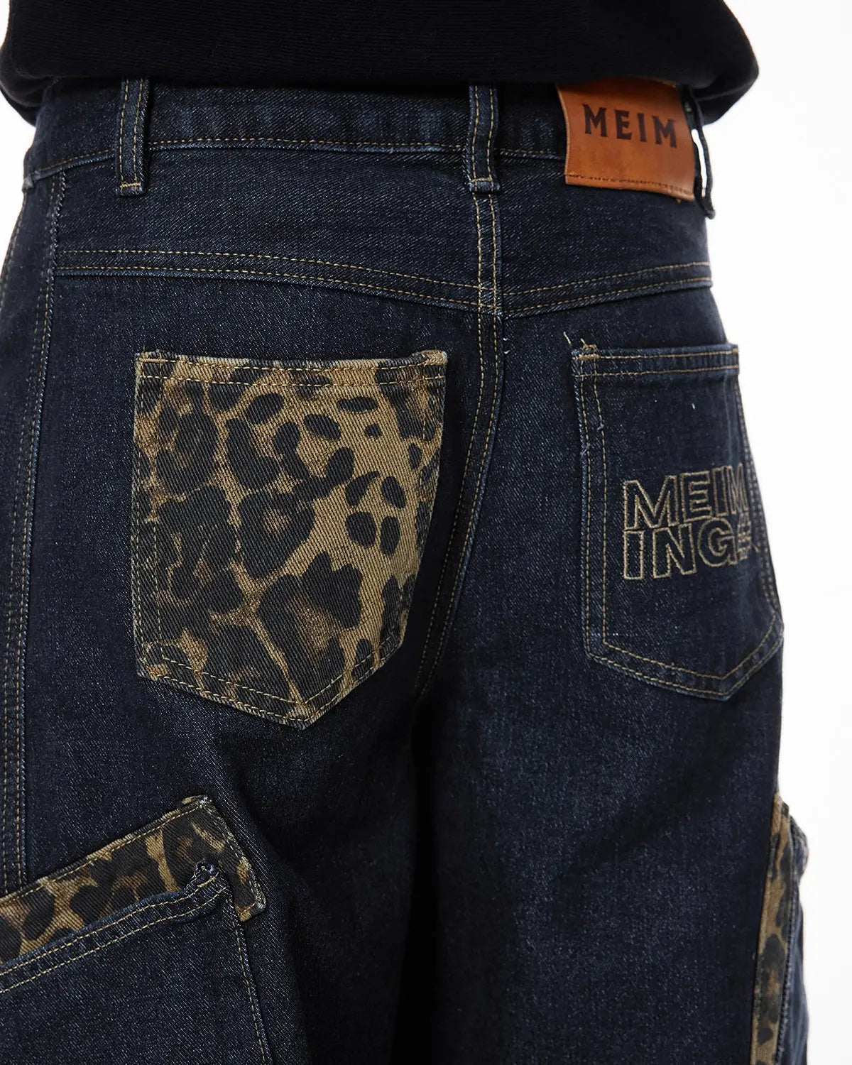 Leopard Patch Rhinestone Barrel Jeans | Flation Streetwear
