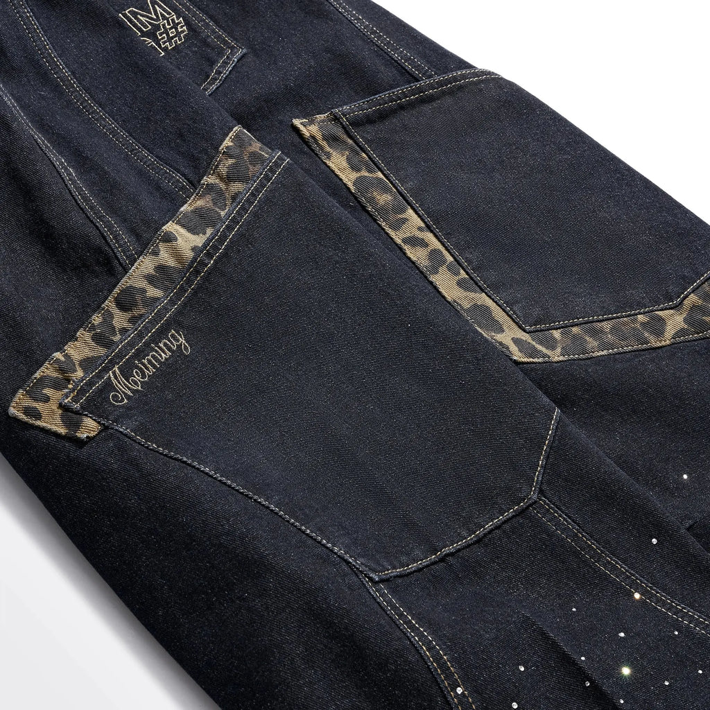 Leopard Patch Rhinestone Barrel Jeans | Flation Streetwear