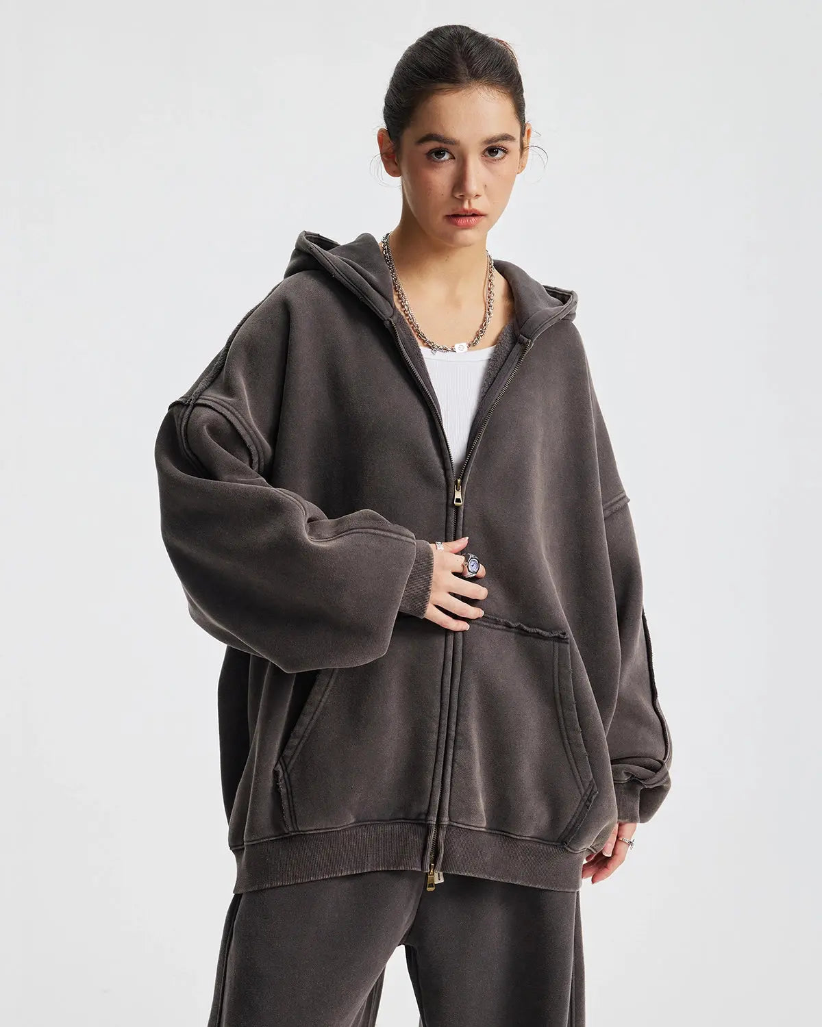 Distressed Acid Wash Double Zip Up Hoodies | Flation Streetwear