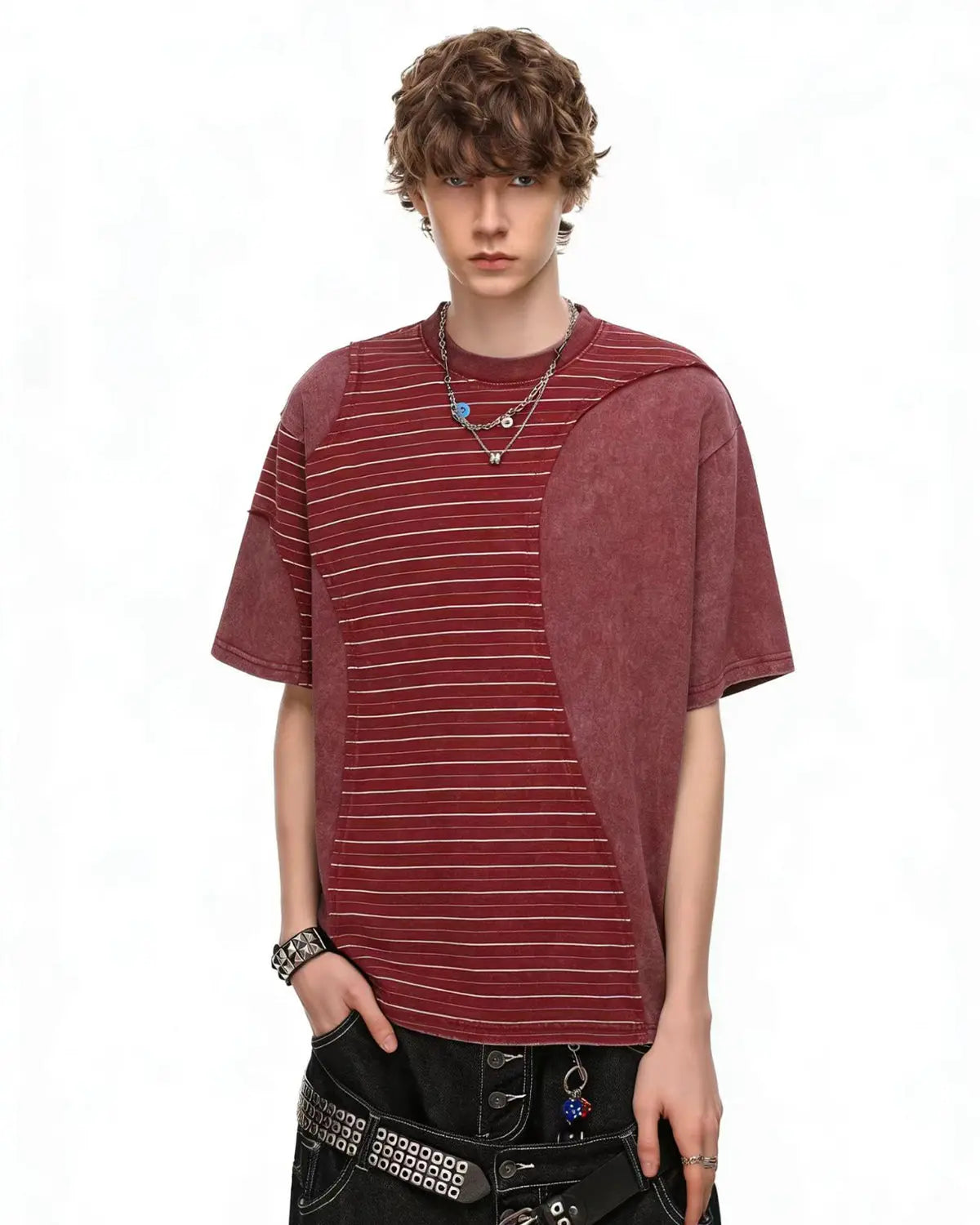 Striped Patchwork Washed T-Shirt | Flation Streetwear