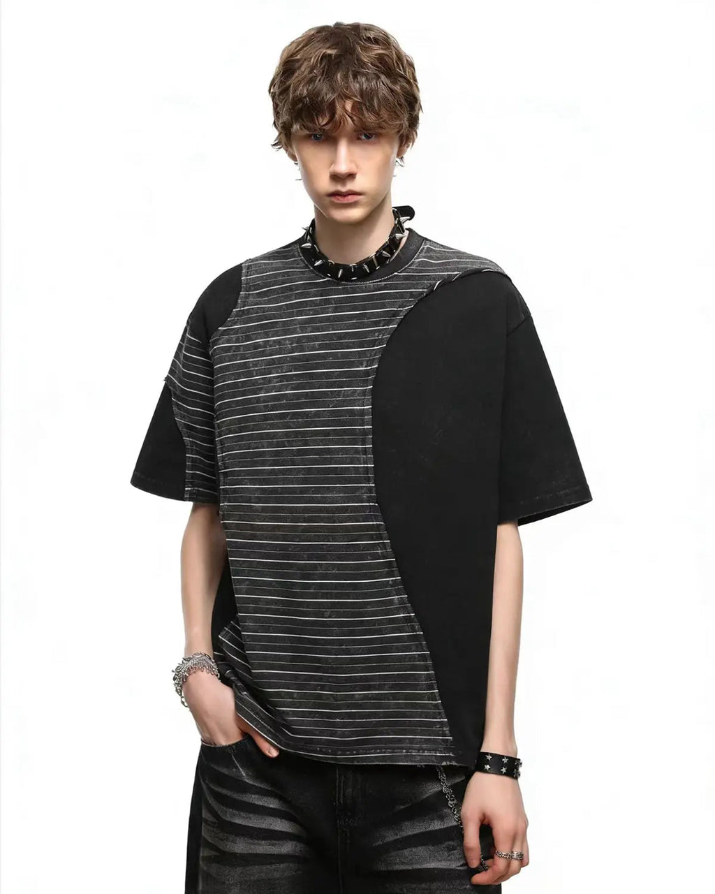 Striped Patchwork Washed T-Shirt | Flation Streetwear